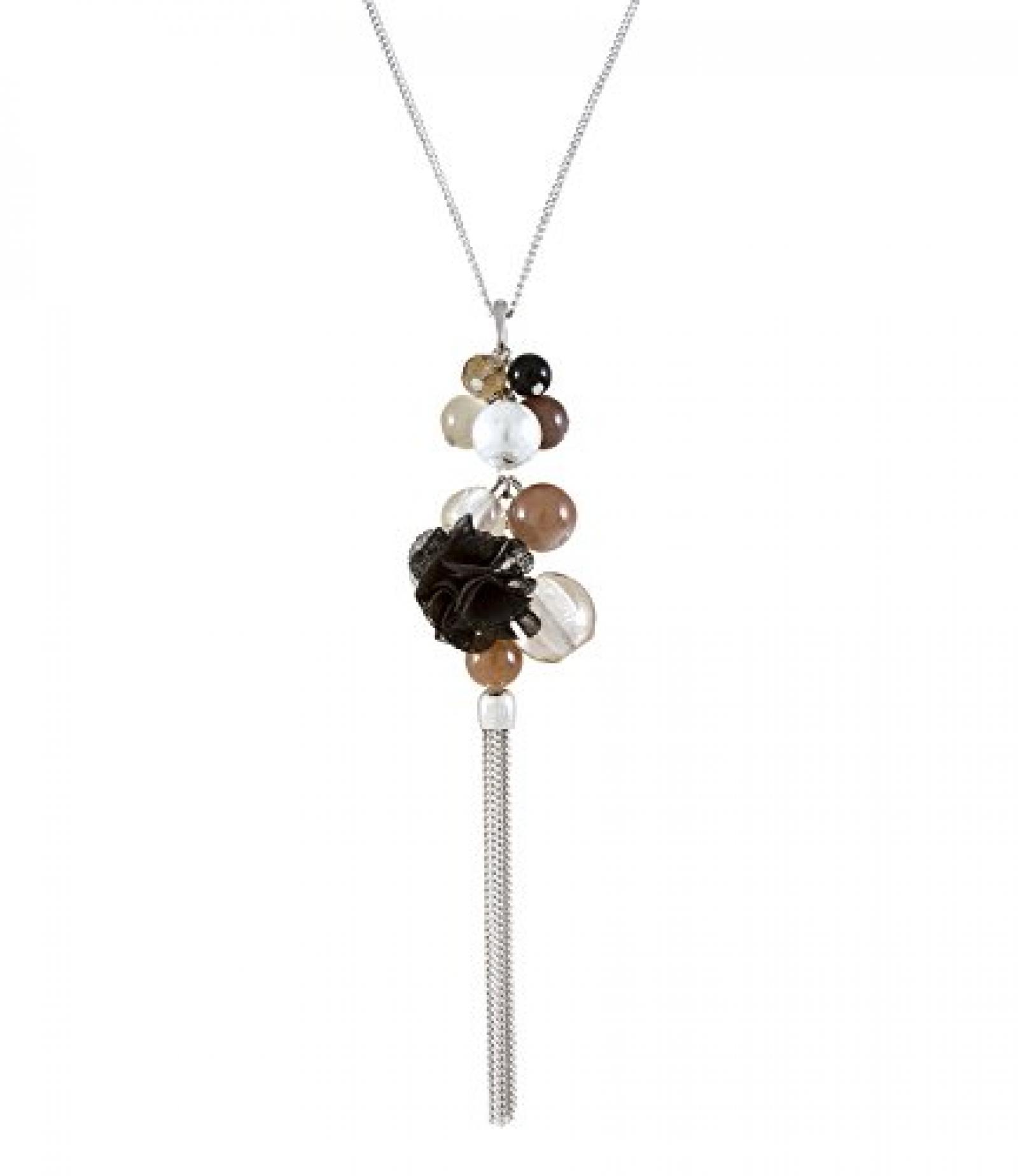 SIX "Cecilia" silberne Kette mit beigen Kugeln und schwarzer Bl&uuml;te (380-583) 